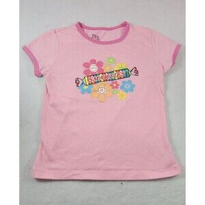 ​Y2K Smarties Pink Ringer Baby Tee Youth XL Fits Women XS/S Glitter Flower Cute